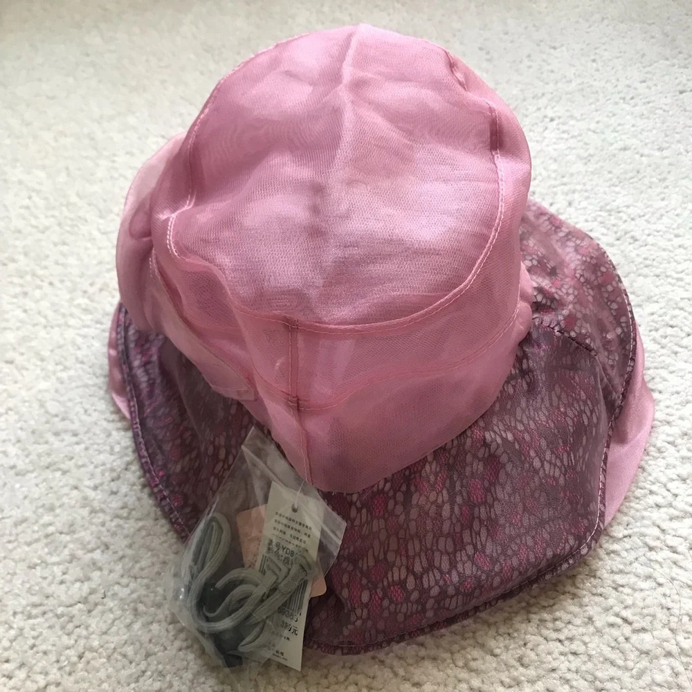 NWT Elegant Pink Organza & Wide Brim Foldable Hat with Floral Accent